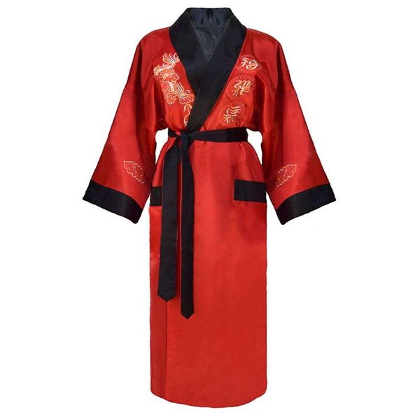

men's sleepwear red black chinese men reversible satin robe embroidery dragon kimono bathrobe gown two-side nightwear silky loose sexy, Black;brown
