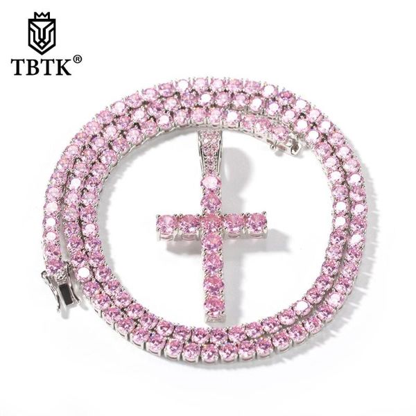 

pink cubic zirconia cross pendant necklace with 4mm cz tennis chain fashion hiphop jewelry drop necklaces, Silver
