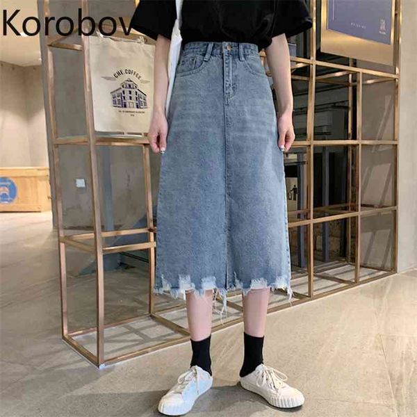 Korobov Primavera Estate Nuovo A-Line Gonne Coreano A Vita Alta Midi Saias Femme Streetwear Vintage Denim Faldas Mujer 2a500 210430