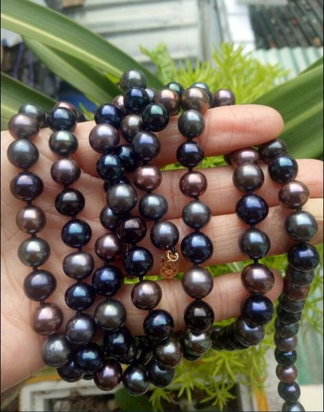 

elegant 9-10mm tahitian multicolor black green pearl necklace 48" chains, Silver