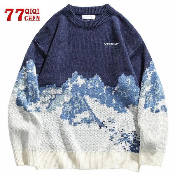

men's sweaters casual knitted sweater men spring autumn streetwear college mens snow mountain cotton harajuku pullover unisex, White;black