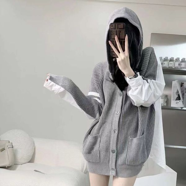 

tb college style four bar striped spell shirt hooded knitted cardigan women's design sense hem split sweater coat autumn, White