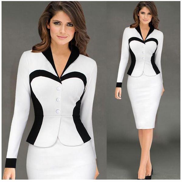 

work dresses formal dress suits ladies office wear long sleeve vintage design elegant blazer pencil 2021 2 piece sets, White;black