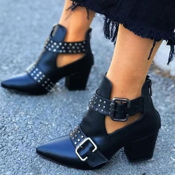 

pointed toe large size rivet short boots women's autumn style belt buckle mid-heel women, Black