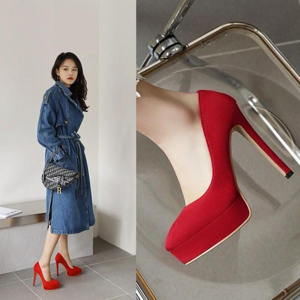 

dress shoes 12cm solid color flock shallow thin heels fetish fashion models stage full party women stripper platform, Black