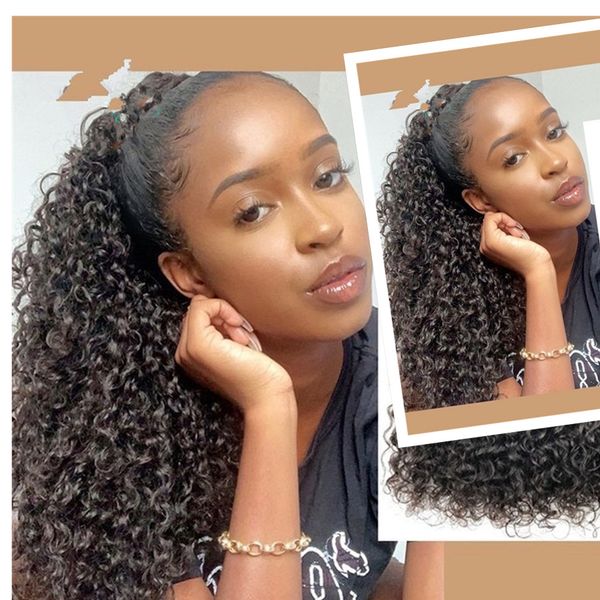 

diva1 natural unprocessed 3b 3c curly afro ponytail clip ins african american human hair wraps drawstring pony tail hairpiece 140g 14inch, Black