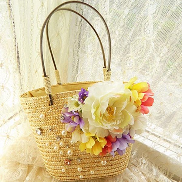 

evening bags fashion small summer bag women straw handbags with flowers bolsas feminina handmade woven beach drawstring