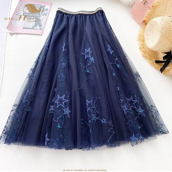 

skirts sishion embroidered sequin a line mesh tulle skirt summer swing starry fairy wf0032 women ladies blue black long