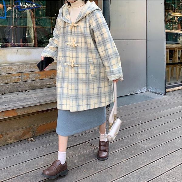 

women's wool & blends plaid coat hoodie loose ox horn buckle fashion college wind long autumn and winter versatile, Black