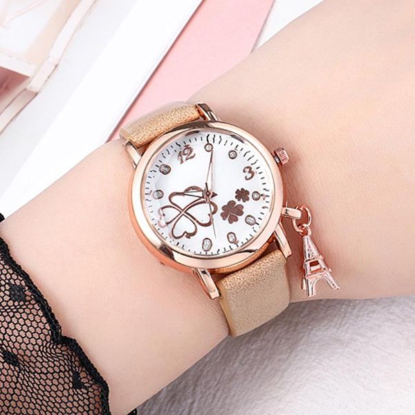 

wristwatches wj-8474 lady lucky watches fashion rose gold student watch women four-leaf clover dial gift wrist reloj de la suerte, Slivery;brown