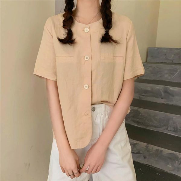 

women's blouses & shirts summer solid color round neck was thin casual short-sleeved wild single-breasted cardigan shirt blouse female, White