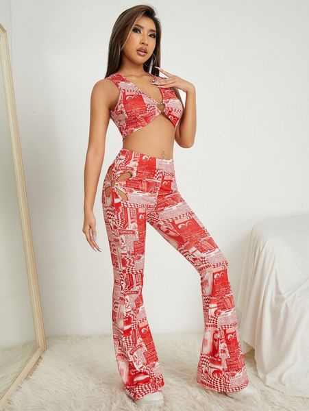 

slogan & graphic print ring crop & cut out flare leg pants set 77b8#, White
