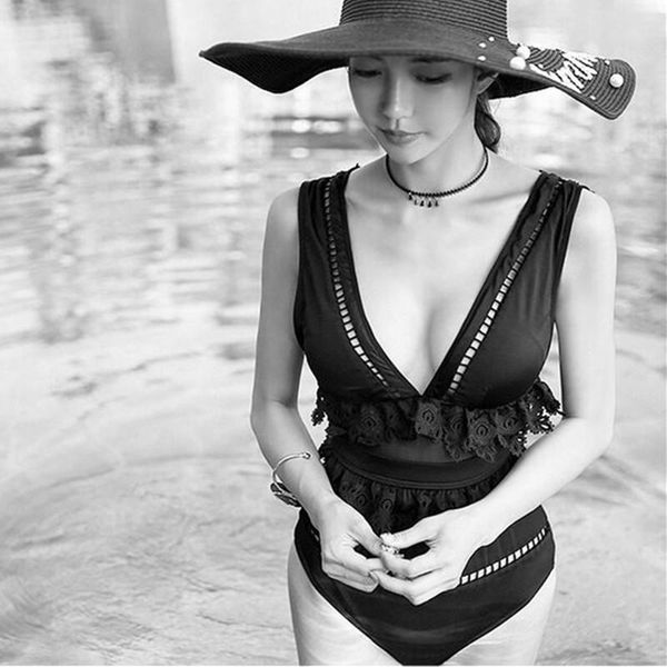 

one-piece suits kekaka 2021 summer luxury solid black lace ruffle embroidery one piece swimsuit women hollow out crochet swimwear beachwear
