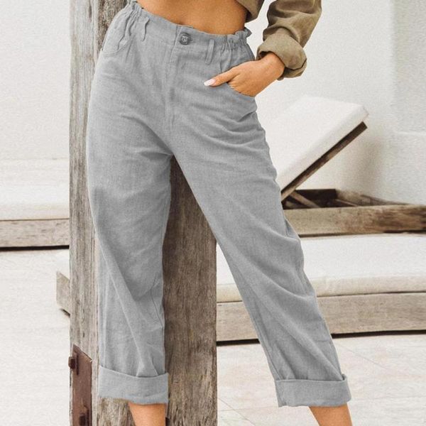 

women's pants & capris women elastic waist woman solid color casual high buttons straight loose trousers ladies clothing, Black;white