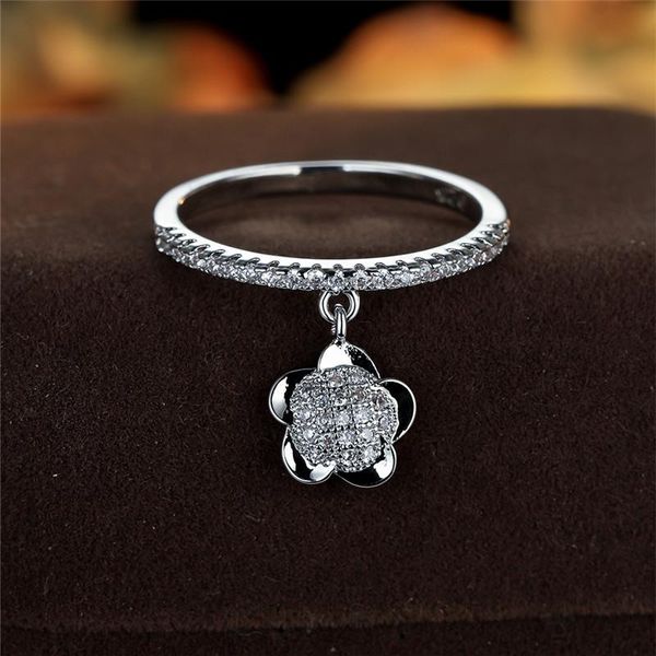 

wedding rings female luxury crystal white zircon ring dainty gold silver color charm flower pendant for women bride jewelry, Slivery;golden