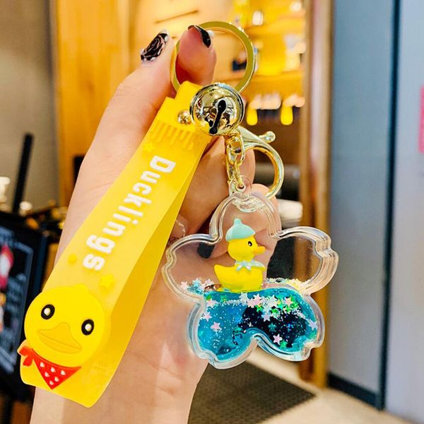 

2022 yellow duck keychains womens keychain handmade buckle men women lovers car bags sakura liquid quicksand pendant accessories classic sty, Silver
