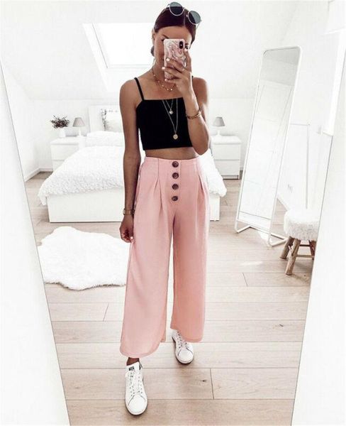 

women's pants & capris button wide leg flared high waist casual palazzo loose trousers, Black;white