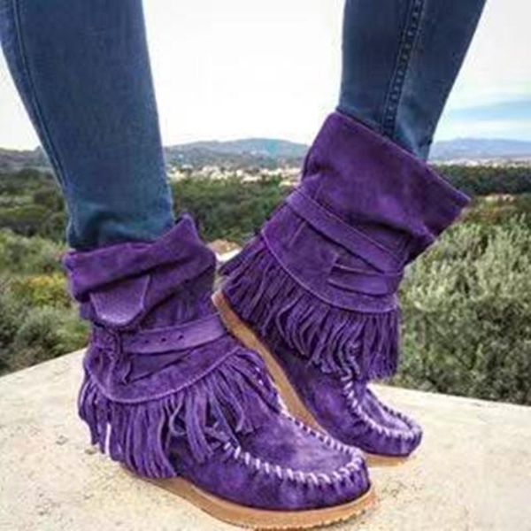 

boots autumn and winter purple khaki solid color warm tassel women's calf flat non-slip fashion, Black