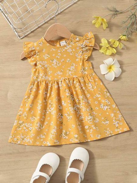 

baby ditsy floral print butterfly sleeve dress she, Red;yellow