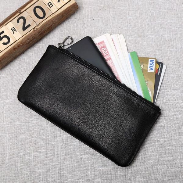 

men's leather long zipper wallet first layer cowhide youth ultra-thin handbag trendy brand simple wallets, Red;black