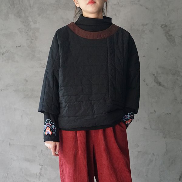 

johnature women vintage pullover parkas o-neck seven sleeve patchwork color autumn loose female plus cotton parkas coat 210521, Black