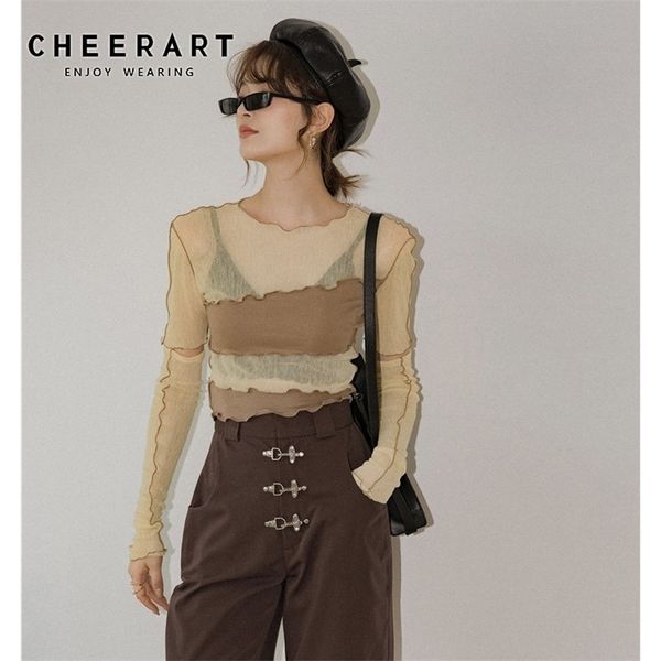 CHEERART See Through Top T-shirt a maniche lunghe staccabile T-shirt donna Fashion Mesh Crop Top T-shirt gialla attillata elastica 210324