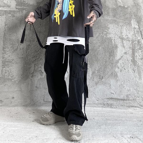

men's jeans 2021 fall high street dark multi-pocket overalls trendy straight wide leg casual waist loose lazy men, Blue
