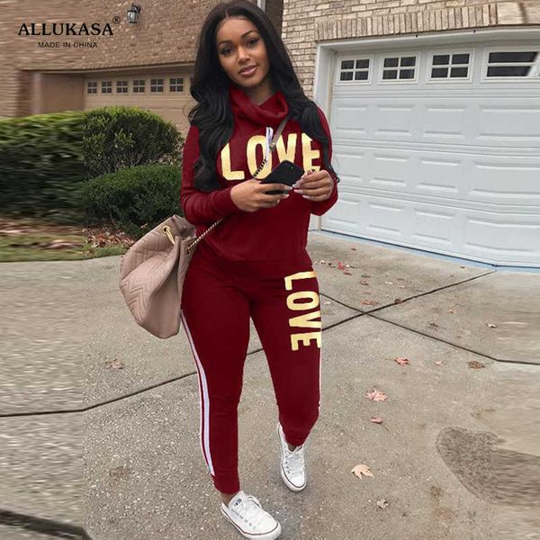 2 peças Set Mulheres Outfit Love Carta Imprimir Pescoço High Neck Hoodies Calças Calças Pantsuit Plus Size Streetwear Casual Terno 210930