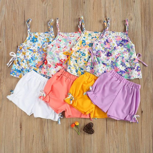

clothing sets 1-5y toddler kids baby girl sleeveless floral tank shorts pant bottom 2pcs outfits summer clothes set, White