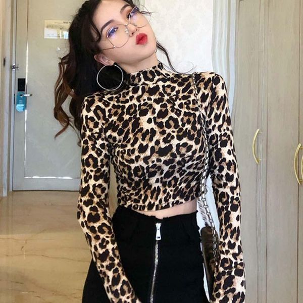 

fashion high street womens zebra leopard animal print turtleneck long sleeve stretch female top, White