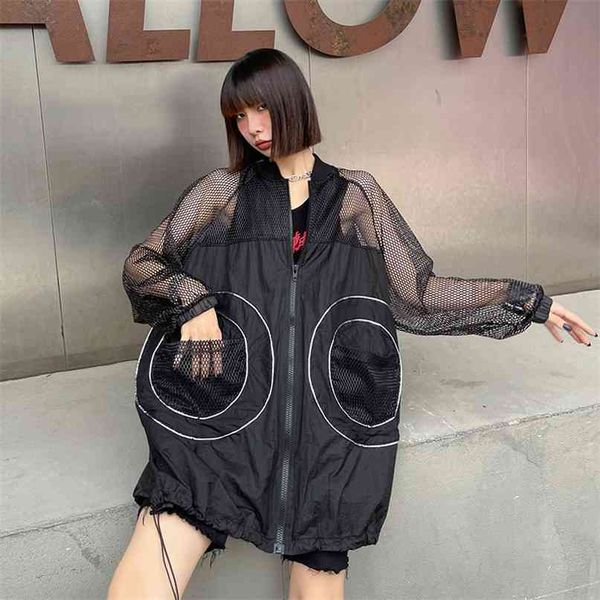 

fashion casual loose sun protection coat spring summer chic mesh long sleeve patchwork double pockets zip jackets 210519, Black;brown