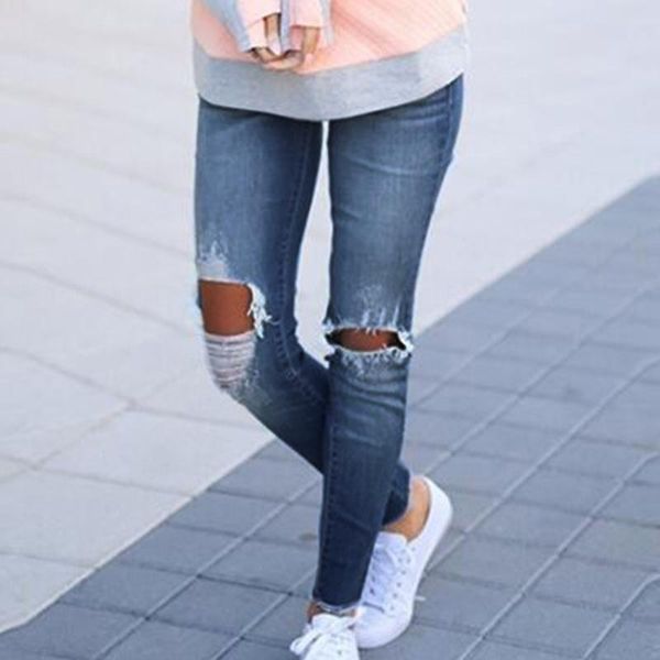 

women jeans button skinny ripped pencil pants casual denim blue trousers women's