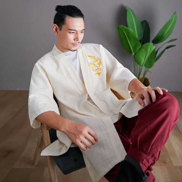 

ethnic clothing chinese style men cotton linen hanfu jackets dragon embroidered tang suit cardigan loose casual robe retro long blouse, Red