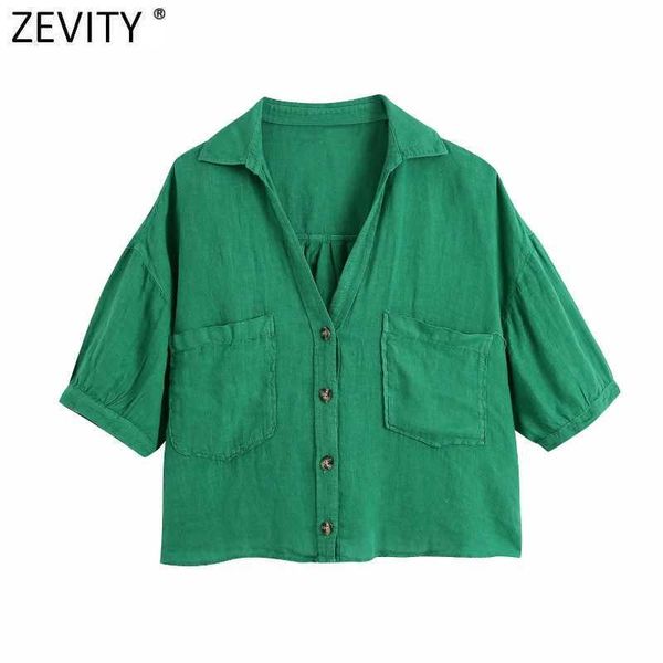 Zevity Donna Moda Colore caramella Doppie tasche Camicetta di lino allentata Camicetta da donna Bottoni Camicia corta Chic Kimono Blusas Top LS9390 210603