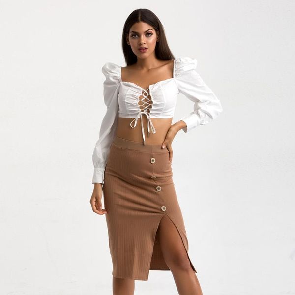 

skirts women's knitted skirt slit slim ladies casual fall winter 2021 female button over the knee, Black