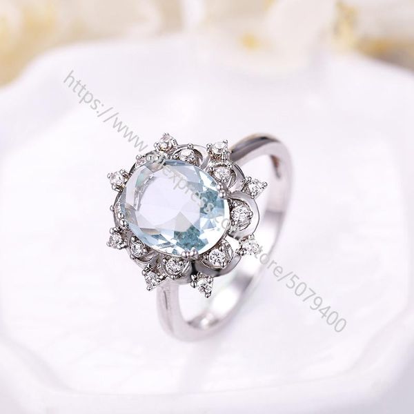 

wedding rings silver plated oval cz solitaire ring engagement promise blue sapphires cubic zirconia birthtone, Slivery;golden