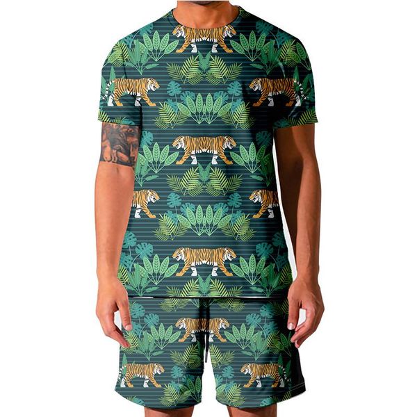 

men's tracksuits 2021 summer leaf tiger men shorts sets short sleeve t shirt +shorts print male tracksuit set men's brand clothing, Gray
