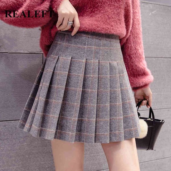 

autumn winter women woolen vintage plaid pleated skirts high waist a-line mini ladies skater skirt 210428, Black