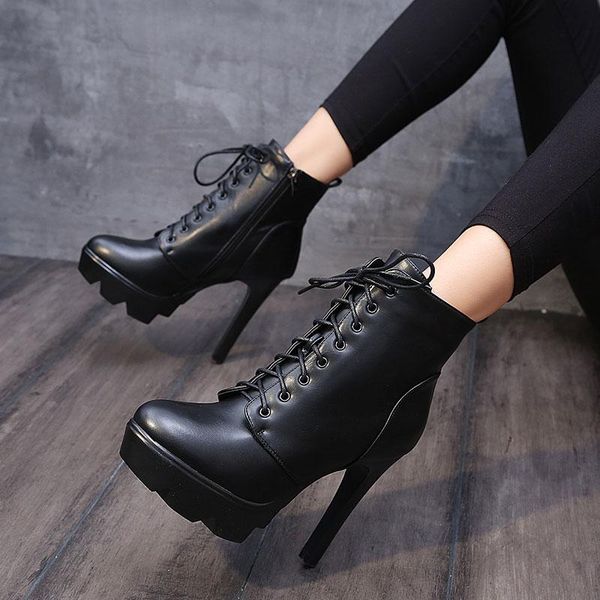 

boots fashion stiletto short trendy british lace-up ankle round toe waterproof platform cross straps motorcycle, Black