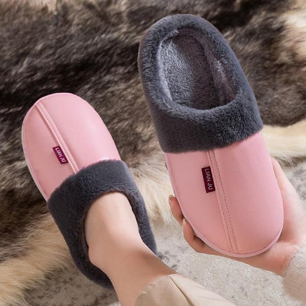 

slippers women winter female pu leather waterproof flock house slipper lady comfortable keep warm indoor flats women's footwear, Black