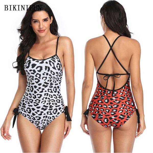 

leopard print monokini women scoop neck swimsuit cross back swimwear s-xl girl low cut beachwear one piece suit one-piece suits