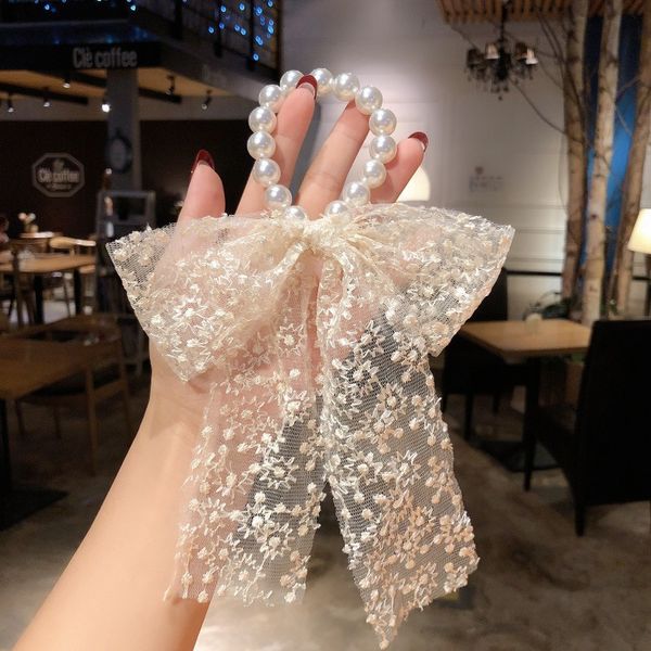 

2021 designer korean lace bowknot pearl hair rope simple ribbon fashion headbands celebrity temperament luxury brands women scraves hair acc, Silver