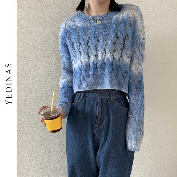 

yedinas tie-dye knitted sweaters for women fashion casual slim cropped jumpers knitwear autumn chic harajuku short pullover 210527, White;black