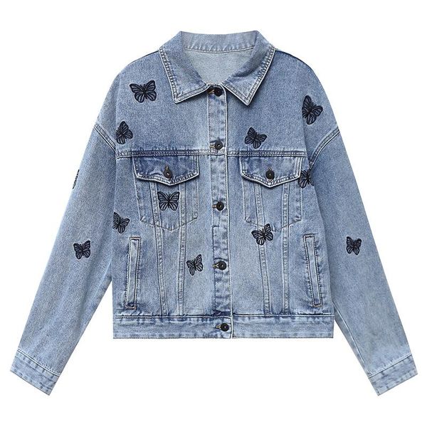 

women's jackets s-3xl denim jacket women short streetwear loose coats cotton vintage washed butterfly embroidery single breasted cowboy, Black;brown