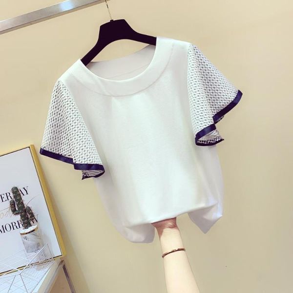 

women's t-shirt o neck ruffles short sleeves cotton tee 2021 summer girls pullover casual tees a2644, White