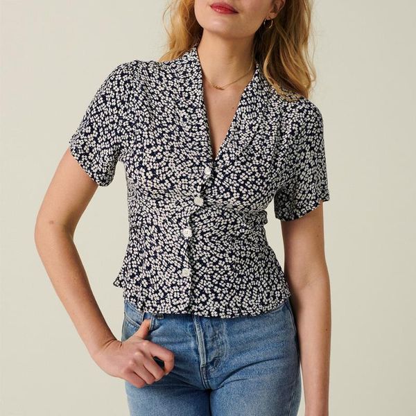 

chiffon blouse women 2021 v neck floral print vintage femme summer short sleeve elegant blouses ladies women's & shirts, White