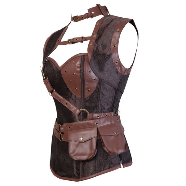 

gothic steampunk corset burlesque lace up boned clothing brown leather with jacket clubwear plus size, Black;white