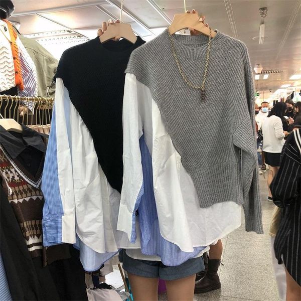 

women's sweaters [ewq] 2021 autumn korean loose shirt splicing fake two piece gray pullover sweater long sleeve fashion 16e4341, White;black
