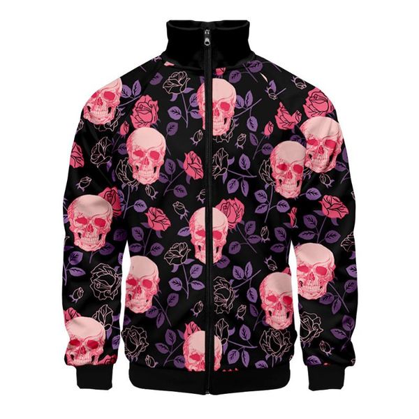 

men's hoodies & sweatshirts hip hop sweater korean fashion punk sports jacket skull rose gothic long sleeve stand collar zipper men, Black