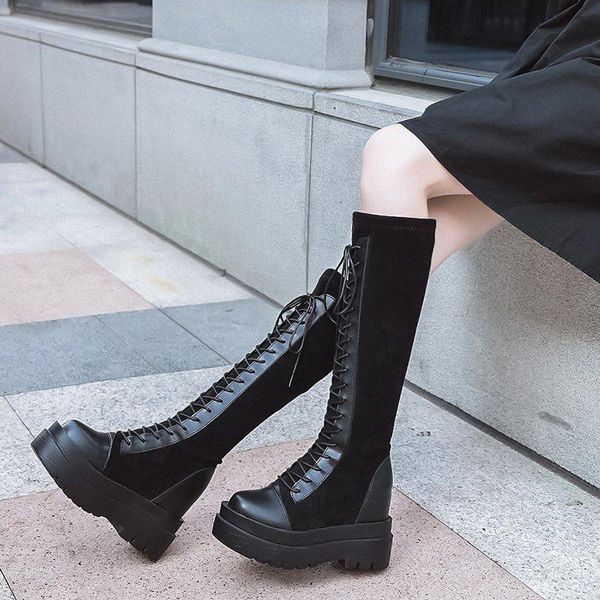 

2021 autumn new women long leather boots winter knee high boots booties ladies thick sole platform 1, Black